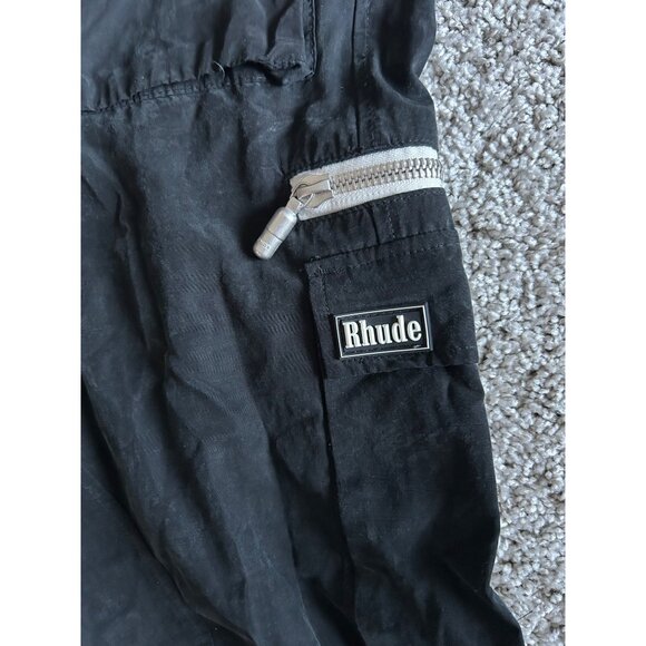 Rhude Black Cargo Track Pants W/ Yellow Drawstring & Zippered Pockets - Picture 4 of 13